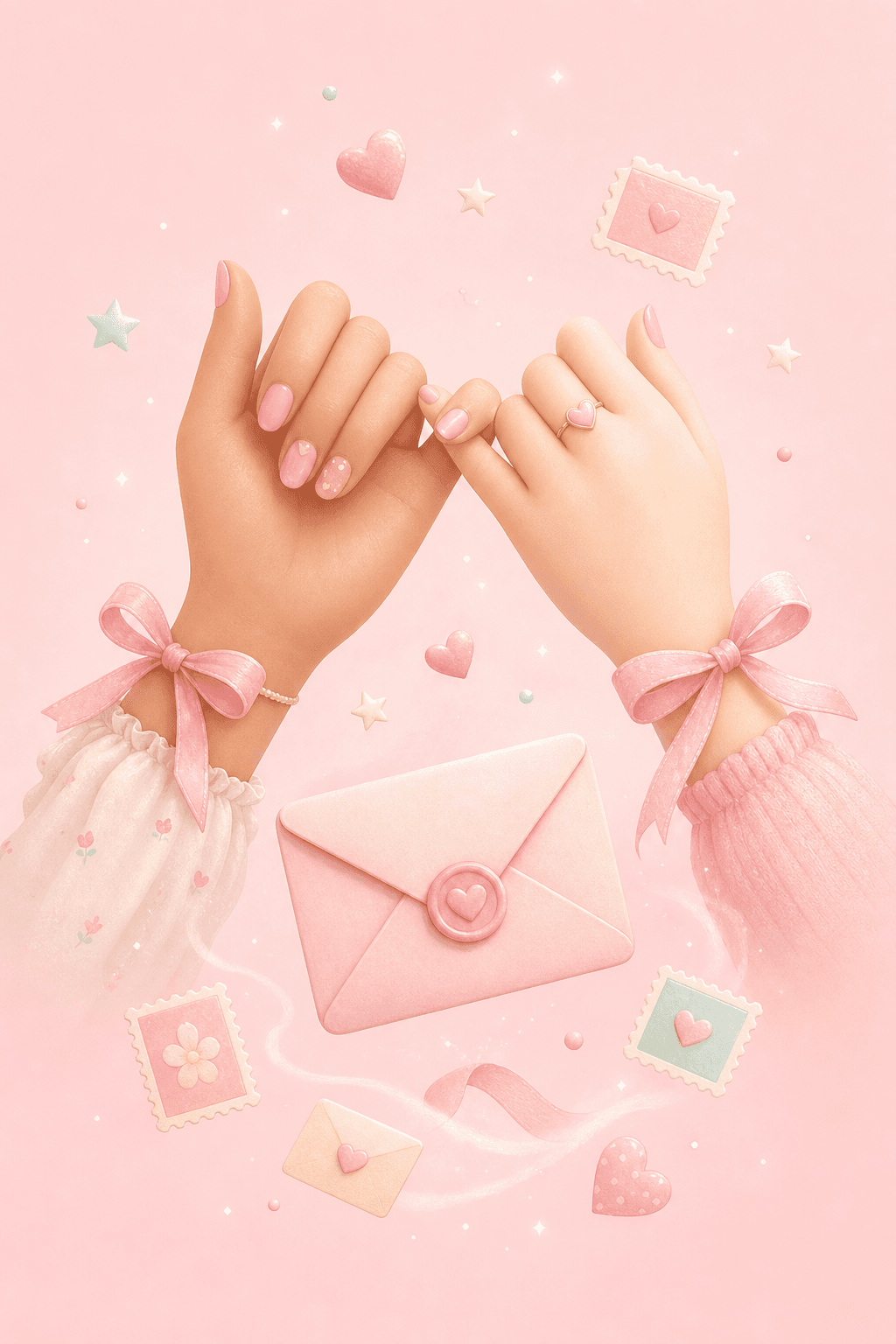 Pinky promise: el ele tutuşan eller ve pembe zarf
